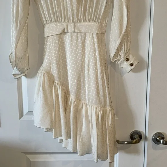 Balmain Rare Logo Plaque Belt Tonal Polka Dot Ruffle Hem Dress In White